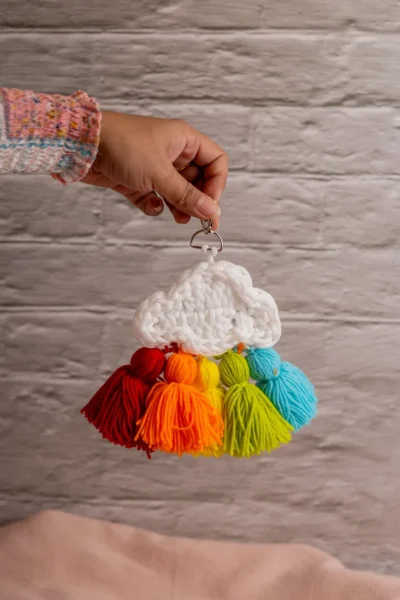 Handmade crochet white cloud keyring fluffy soft charm made by artisan crafters Australia