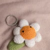 Handmade crochet white daisy flower keyring with yellow centre made by artisan crafters Australia