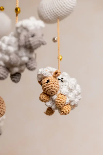 Full view of handmade crochet dreamy sheep nursery mobile fluffy sheep and clouds calm sleep theme shipped from Melbourne Australia