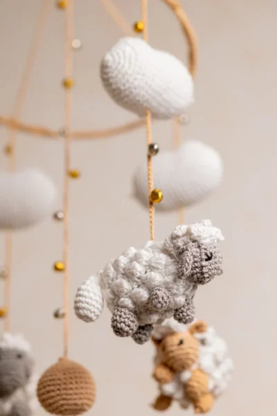Full view of handmade crochet dreamy sheep nursery mobile fluffy sheep and clouds calm sleep theme shipped from Melbourne Australia