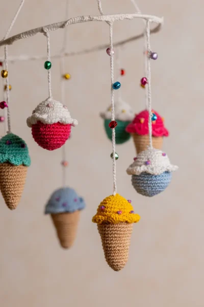 Crochet ice cream cupcake cot hanging showing full mobile with colourful sweet treat characters handmade ethical nursery decor