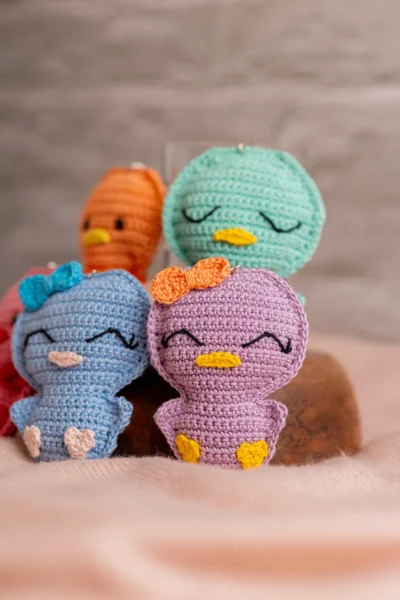 Little duckling crochet bag charm clipped to keys handmade by artisan crafters Melbourne