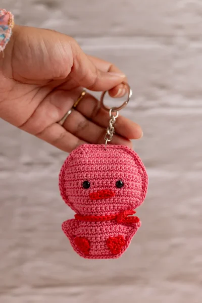 Pink crochet duck keychain clipped to school bag handmade cute gift for girls Melbourne Australia