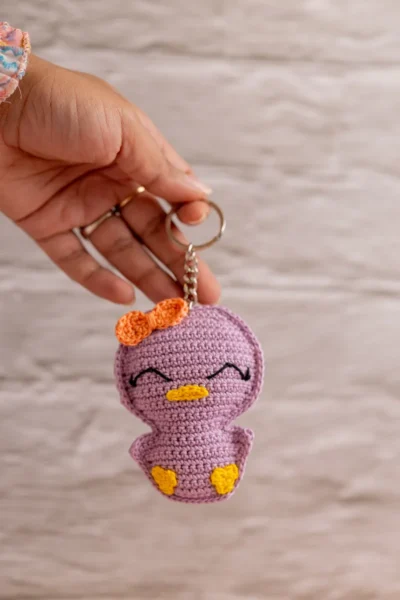 Handmade crochet little duckling keyring Purple duck charm made by artisan crafters Australia