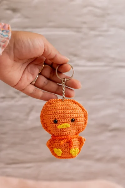 Handmade crochet little duckling keyring orange duck charm made by artisan crafters Australia