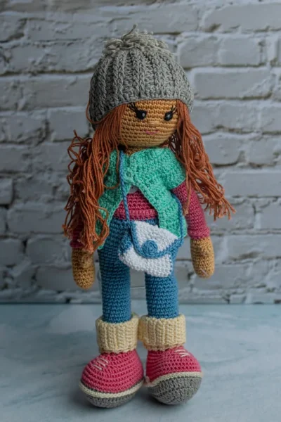 Handmade crochet Molly doll with long styleable yarn hair soft cotton body and gentle stitched face made by artisan women in India gift Australia