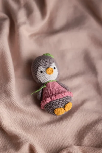 Full body view of handmade crochet penguin toy showing authentic penguin shape soft yarn body and stitched face Melbourne