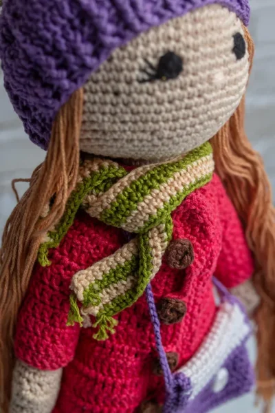 Full body view of Pollie crochet doll showing striped dress detail long soft yarn hair and amigurumi proportions Melbourne