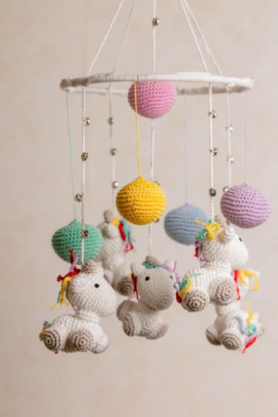 Handmade crochet rainbow unicorn nursery mobile with white unicorn and rainbow mane made by artisan women in India Australia