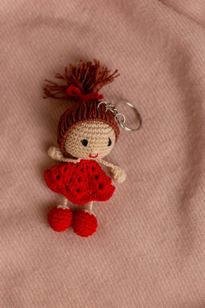 Little red dress crochet bag charm handmade by artisan women in India affordable gift under 15 dollars Australia