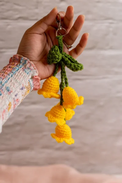 Crochet yellow tulip bag charm handmade by artisan women in India affordable gift under 10 dollars Australia