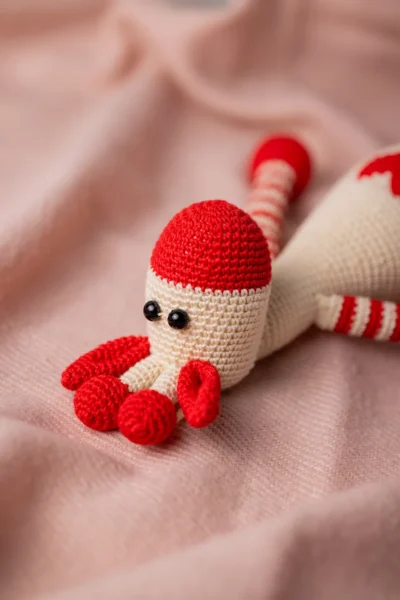 Azizi crochet giraffe shown seated on nursery shelf safari themed decor slim shape fits in pram bag shipped from Melbourne