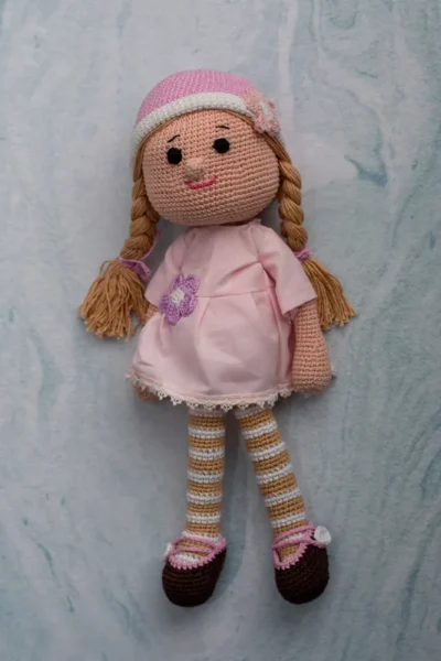 Full 6 piece crochet baking set laid out showing all pieces baker doll bowl eggs and whisk handmade kids gift Melbourne