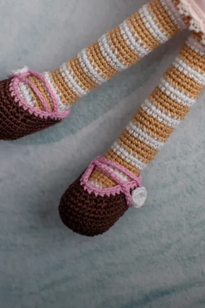 Full 6 piece crochet baking set laid out showing all pieces baker doll bowl eggs and whisk handmade kids gift Melbourne