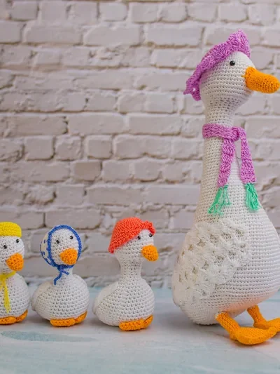 Close up of handmade crochet mother duck showing soft yarn texture and detailed stitched face artisan made gift Australia