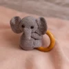 Handmade crochet elephant rattle and toy set with soft elephant companion and matching rattle made by artisan crafters newborn gift Australia