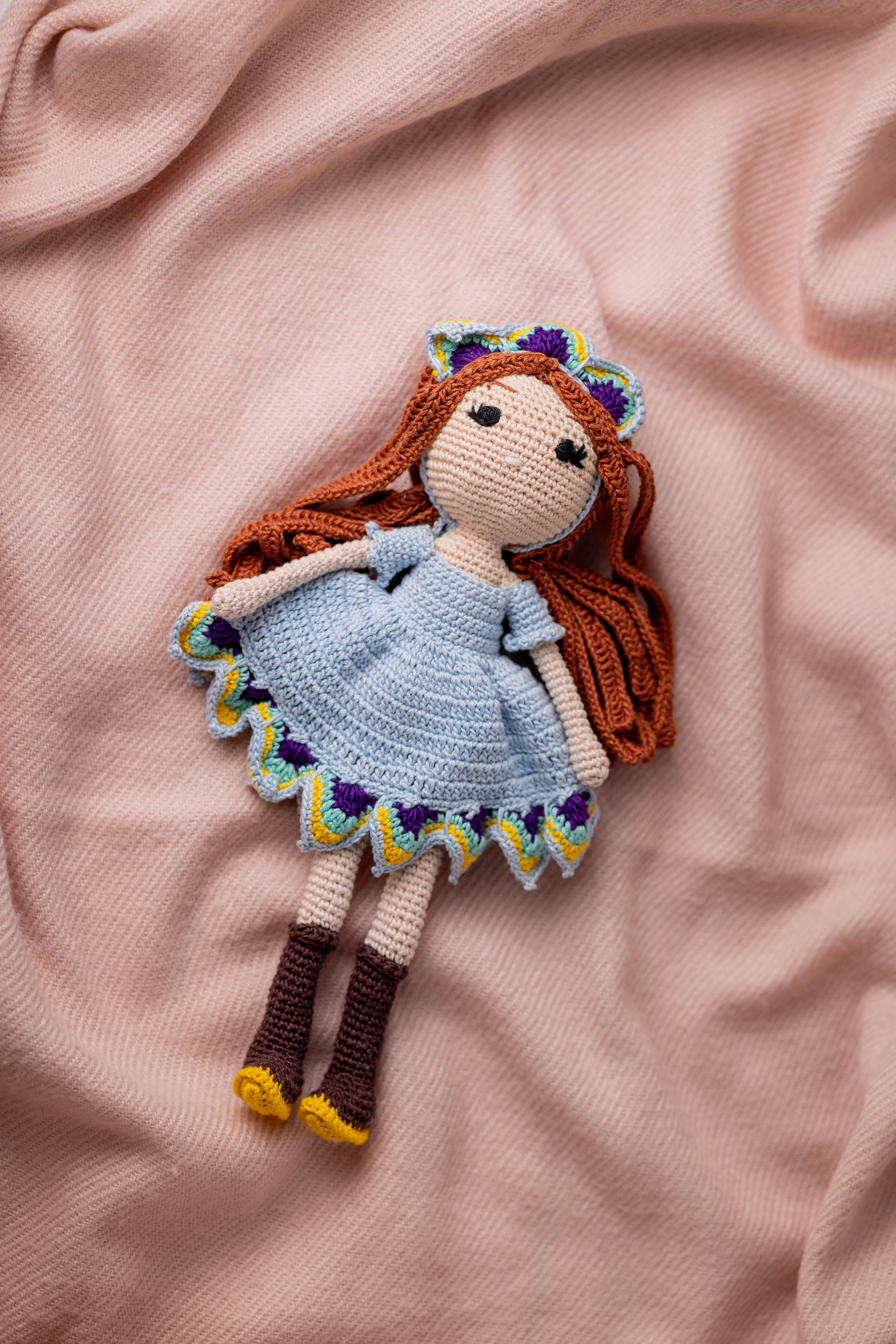 Handmade Amigurumi Doll with Red Hair, Blue Dress, and Boots (1)