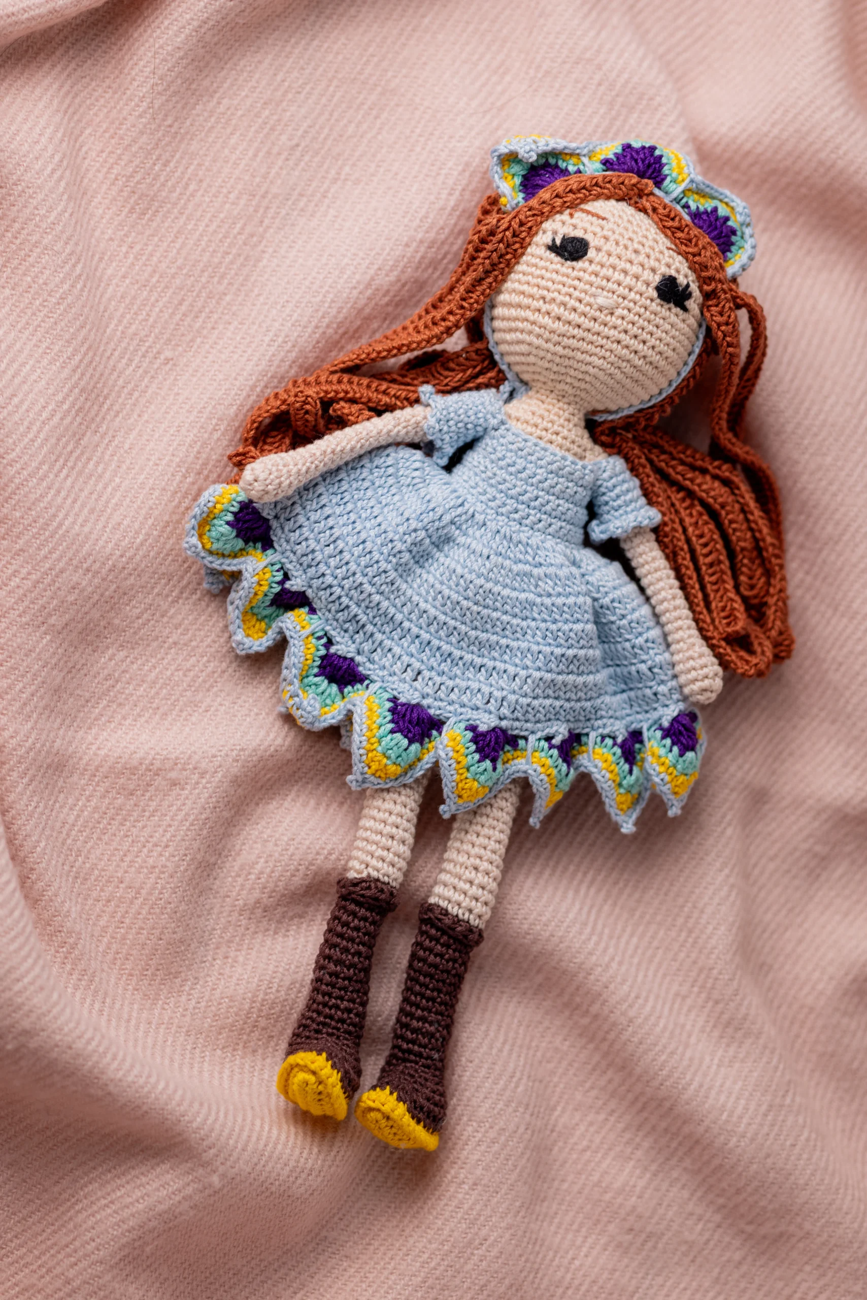 Handmade Amigurumi Doll with Red Hair, Blue Dress, and Boots (17)
