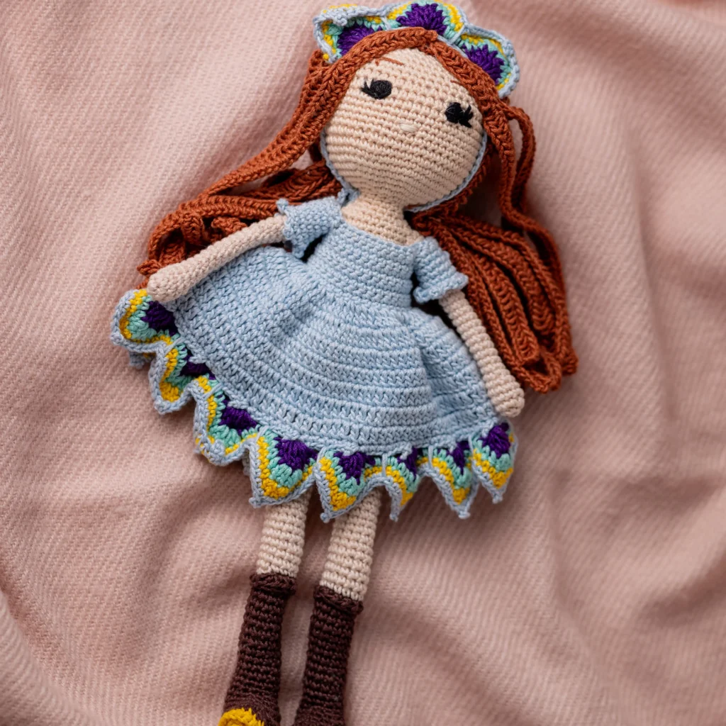 Handmade Amigurumi Doll with Red Hair, Blue Dress, and Boots (18) result