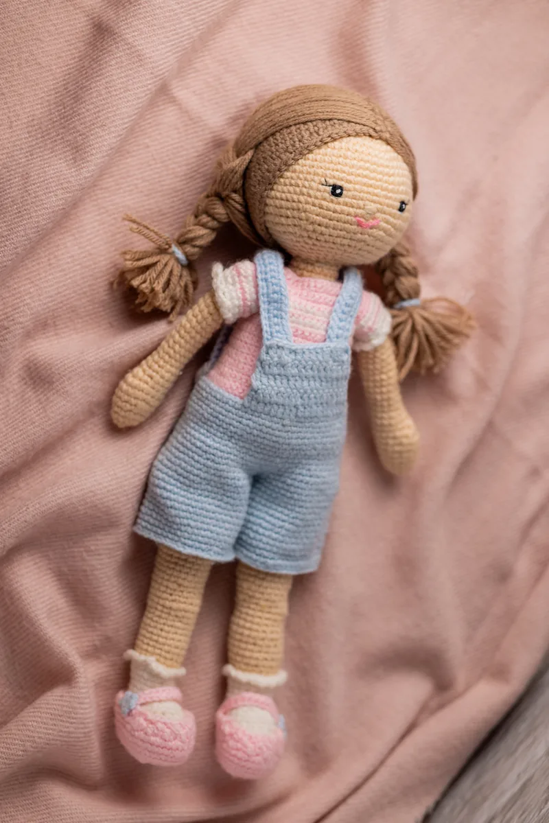 Ruby the Adventure Doll handmade crochet girl in overalls Australia