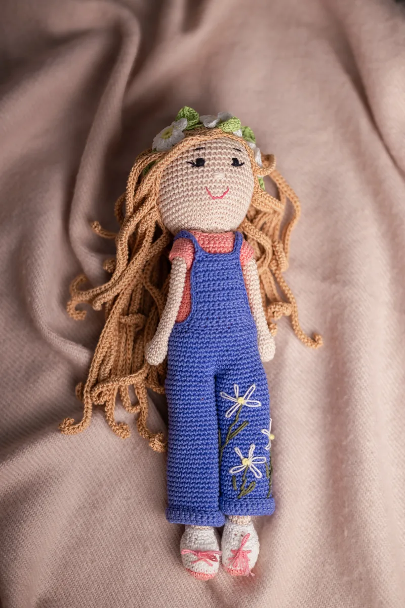 Handmade crochet boho daisy amigurumi doll with soft dress and wild hair made by artisan crafters keepsake gift for kids Australia