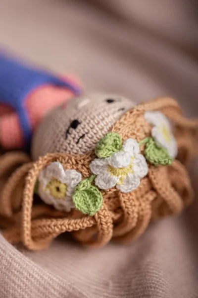 Handmade crochet boho daisy amigurumi doll with soft dress and wild hair made by artisan crafters keepsake gift for kids Australia