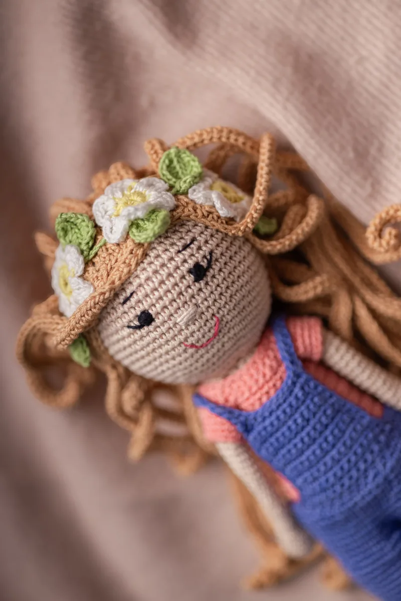 Handmade crochet boho daisy amigurumi doll with soft dress and wild hair made by artisan crafters keepsake gift for kids Australia